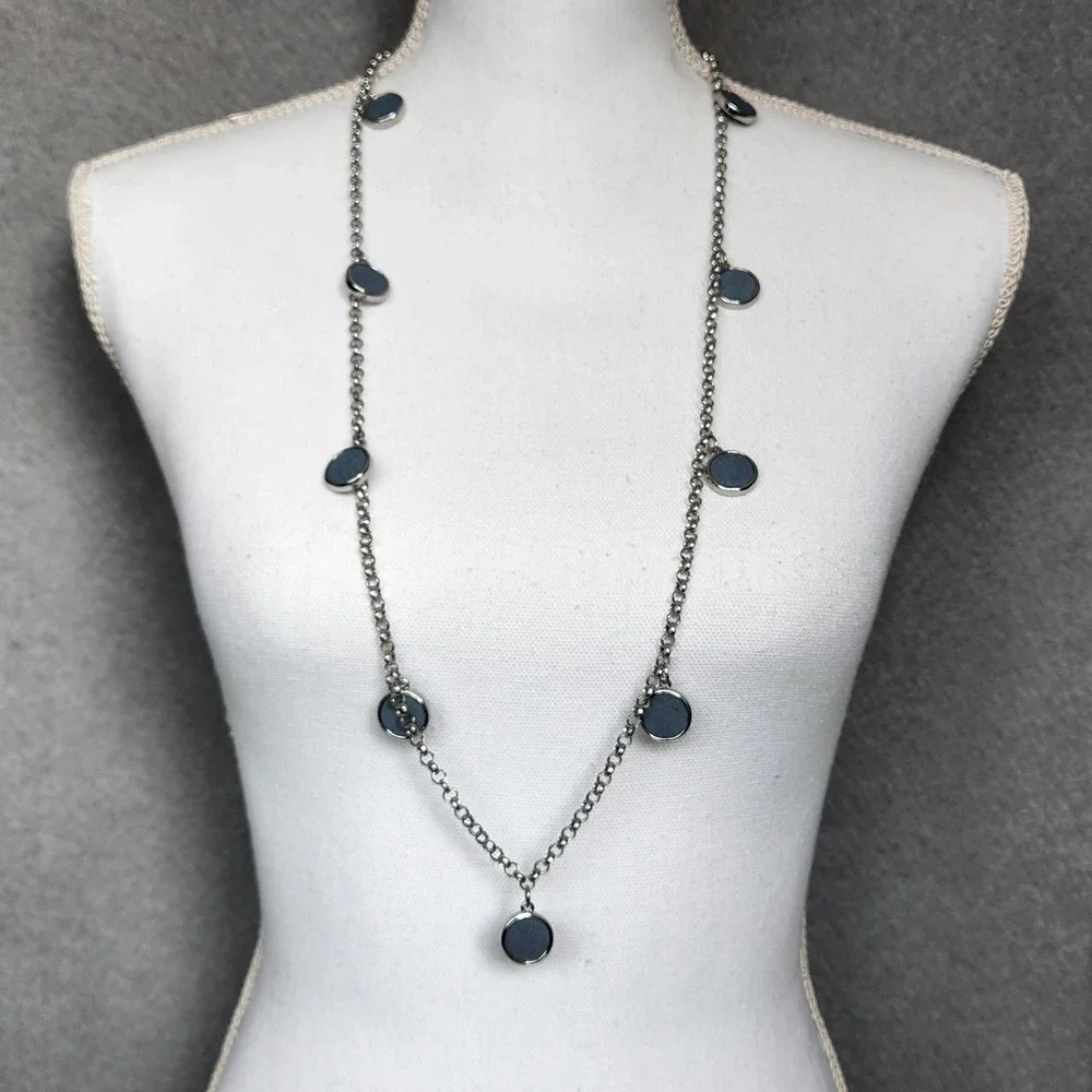 NWT Chico's Delanie Necklace Long Silver Chain + Double Sided Blue Circle Charms
